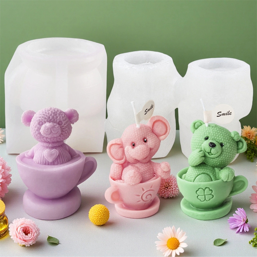 Soap Making Jar - テディベアカップシリコンモールド漫画クマキャンドルソープモールドDIYゾウアロマセラピー石膏樹脂工芸モールドホームデコレーション